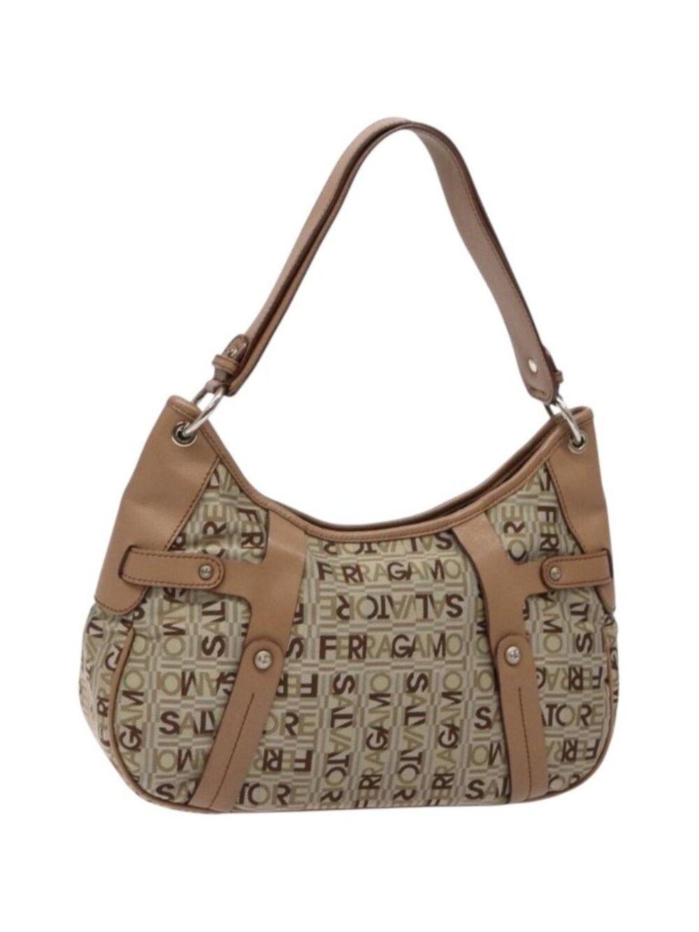 Salvatore Ferragamo Shoulder Bag Canvas Leather Beige Silver